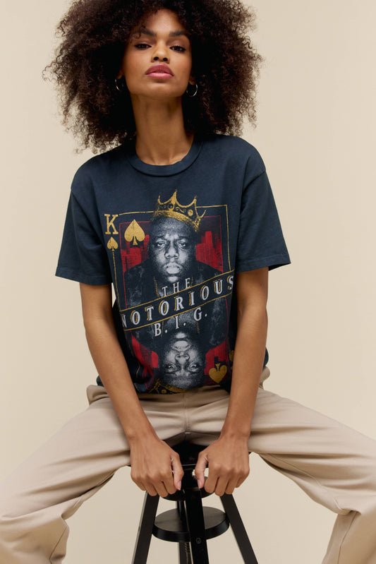 A model featuring a black weekend tee with a portrait of the artist Notorious B.I.G.