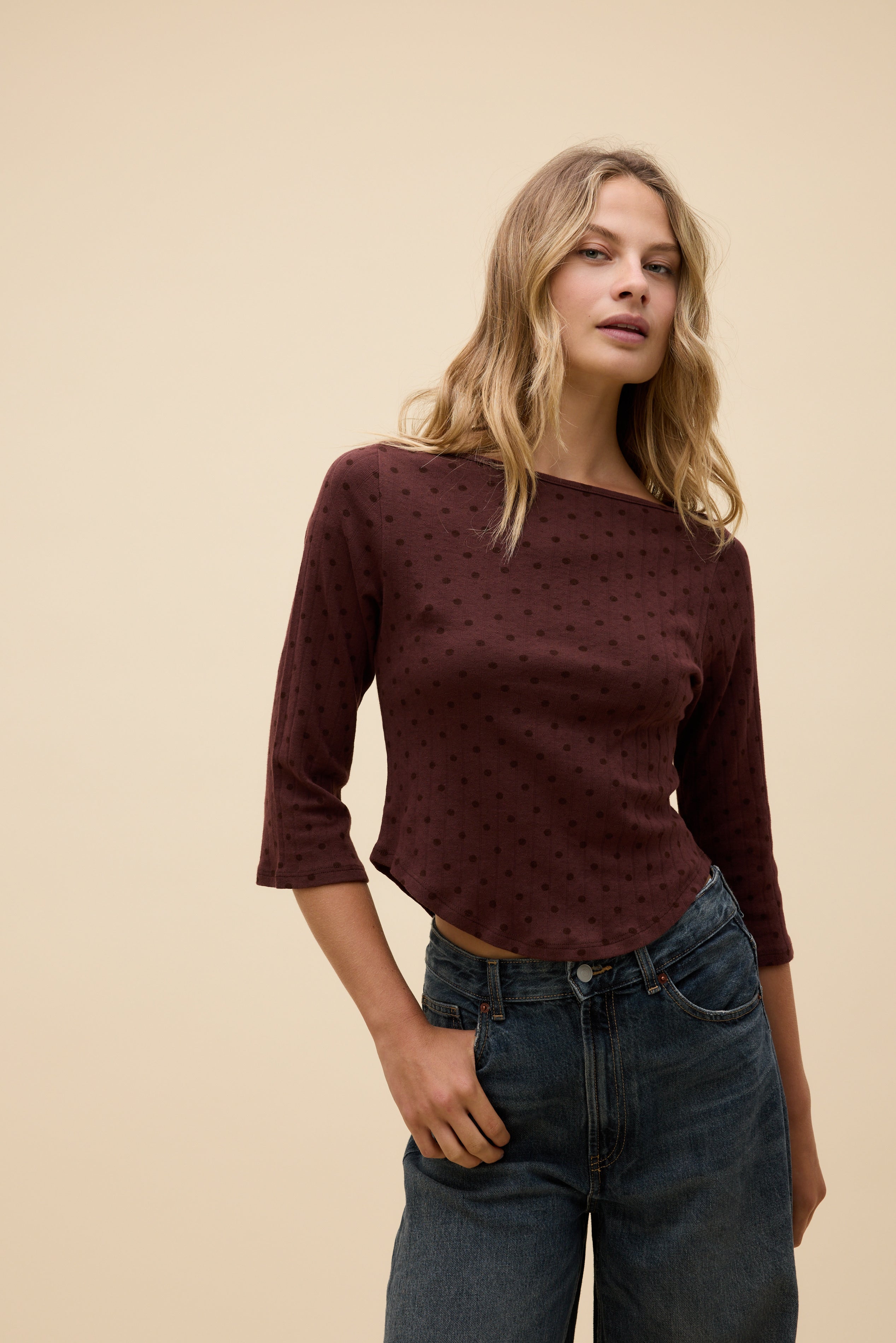 Polka Dot Pointelle Boatneck 3/4 Long Sleeve | Daydreamer