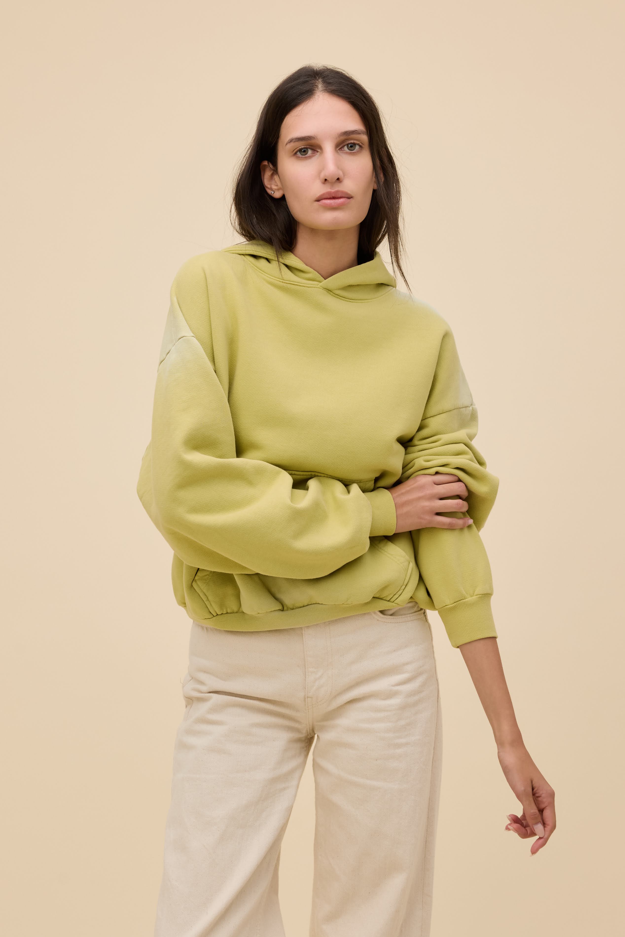 Solid Oversized Hoodie in Green | Fleece Long Sleeve in Sunfaded