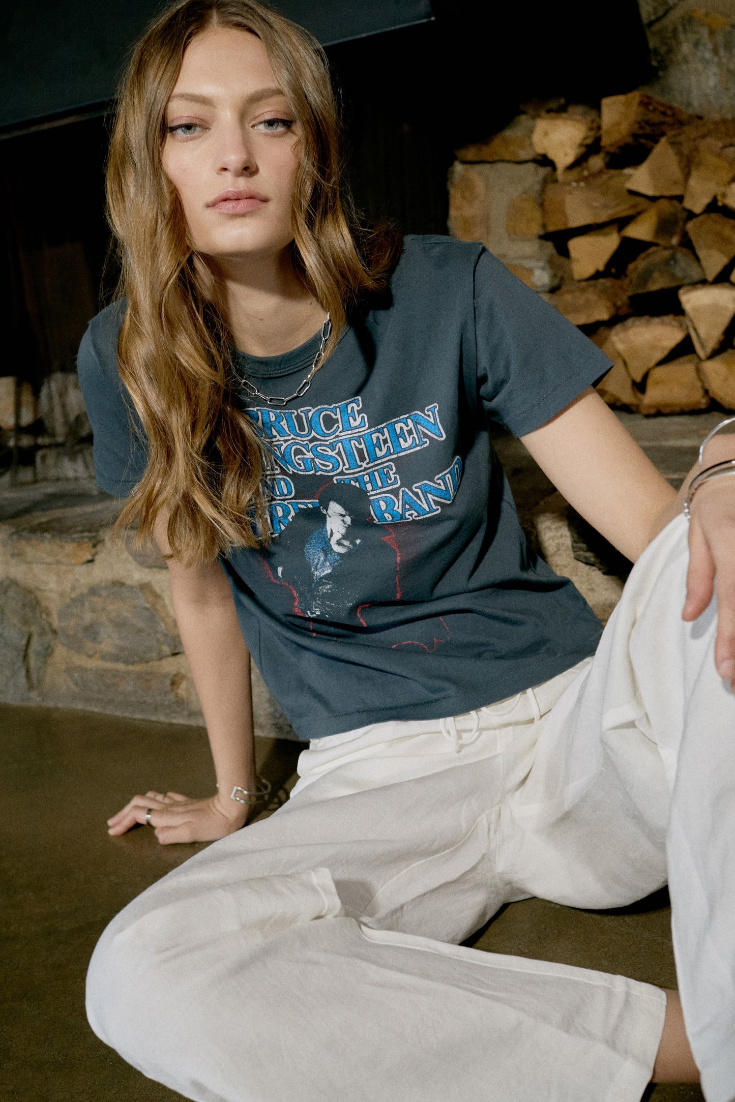model by fireplace