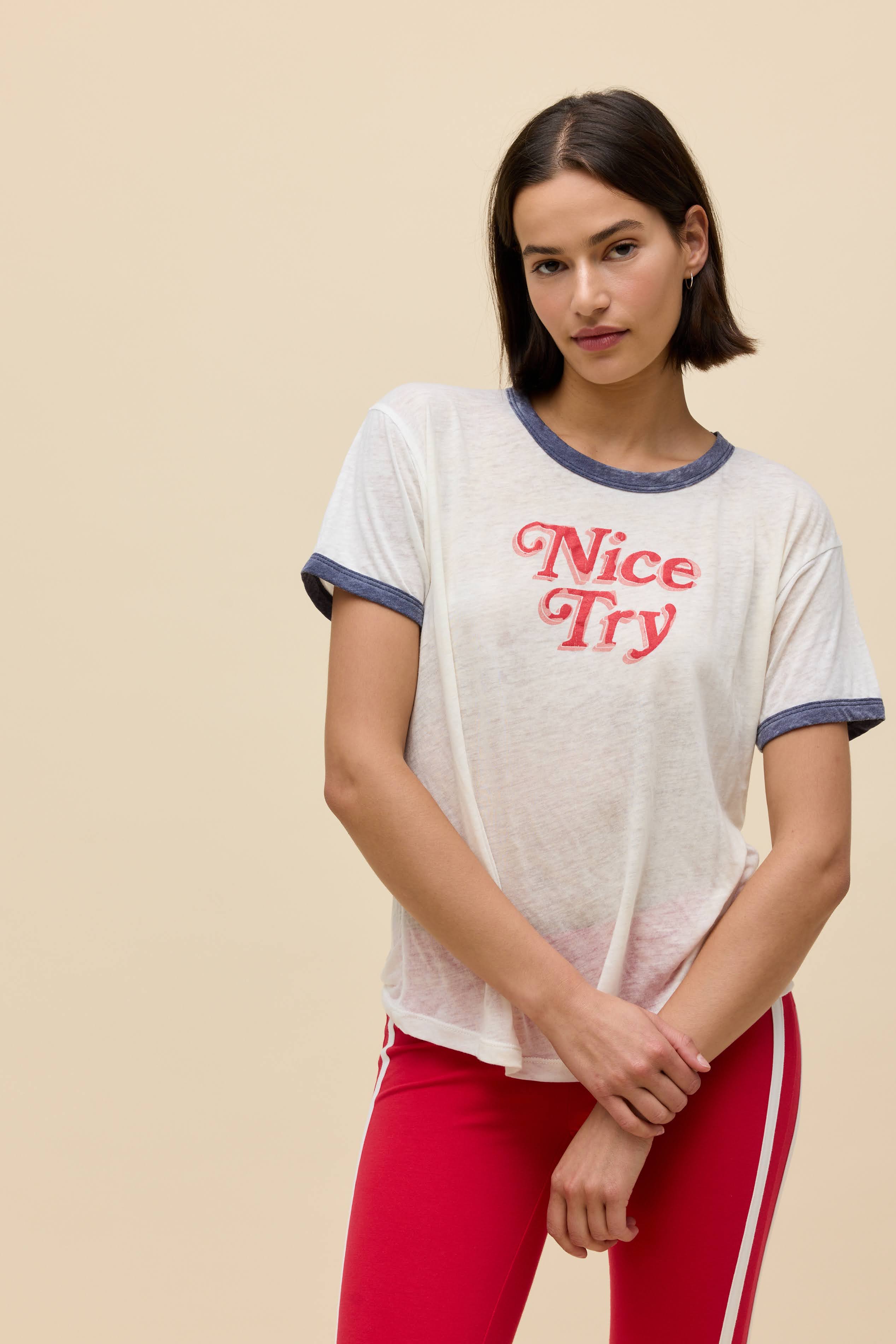 Nice Try Burnout Ringer Tee in White | 100% Cotton T-Shirt in