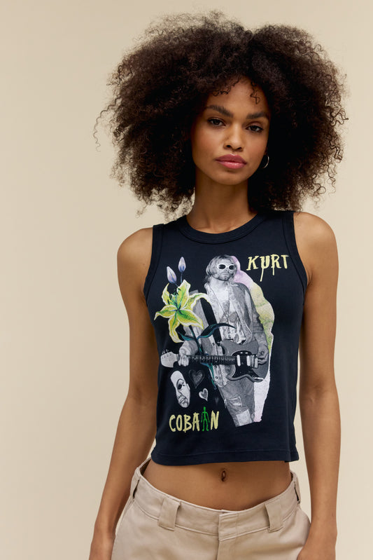 A model featuring a black shrunken tank stamped with 'Kurt Cobain' and his portrait.