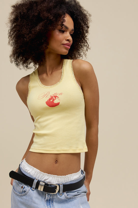 A model  featuring a yellow trim tank stamped with 'Rotten' and a graphic of an apple in red ink.