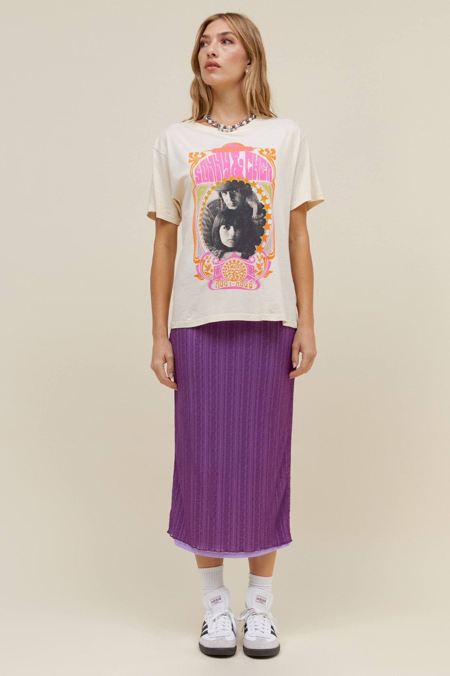 purple midi skirt and Sonny and Cher tee