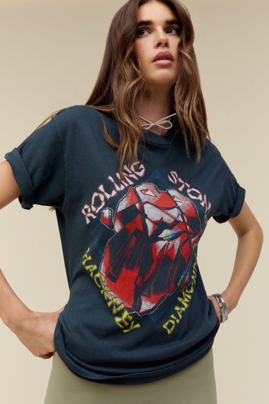 Model wearing a vintage black Rolling Stones graphic tee with 'Hackney Diamonds' inspired artwork