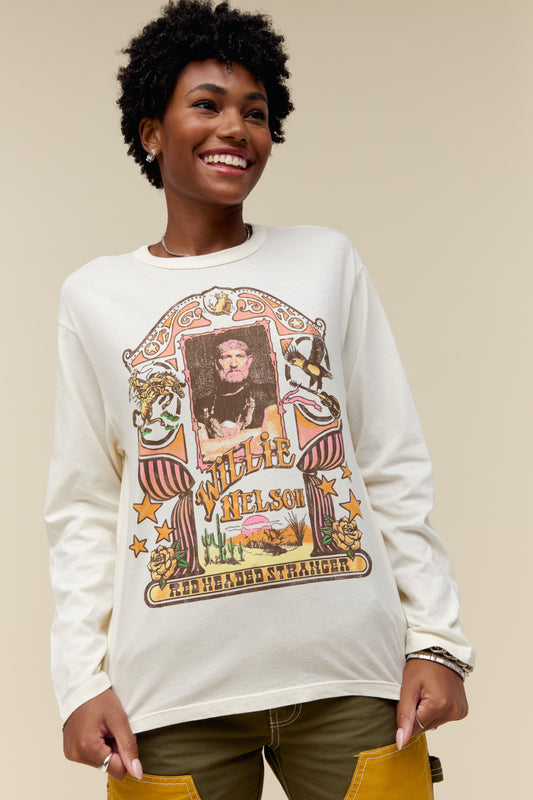 A model featuring a white Willie Nelson ls crew designed with an original rendition of the album cover hits, this long sleeve designed boots, and all with western-inspired graphics.