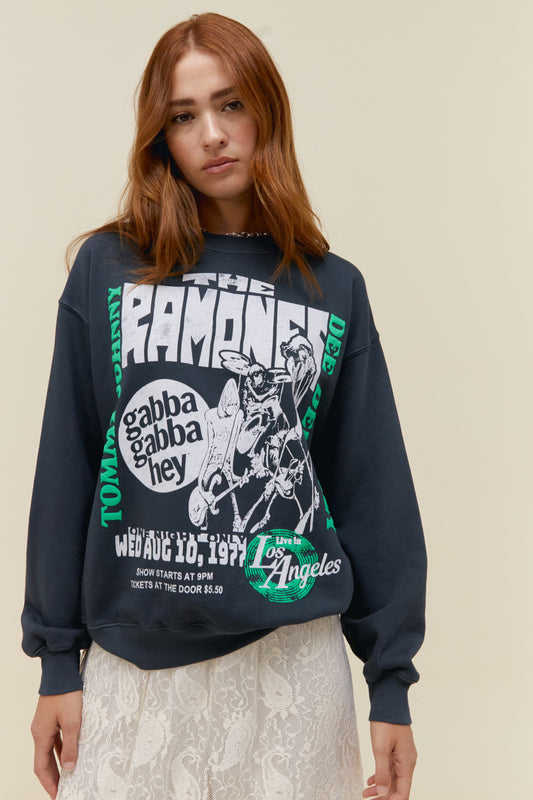 A  model wearing black long sleeves featuring a large "THE RAMONES" text on top with a graphic design of the concert poster of the band.