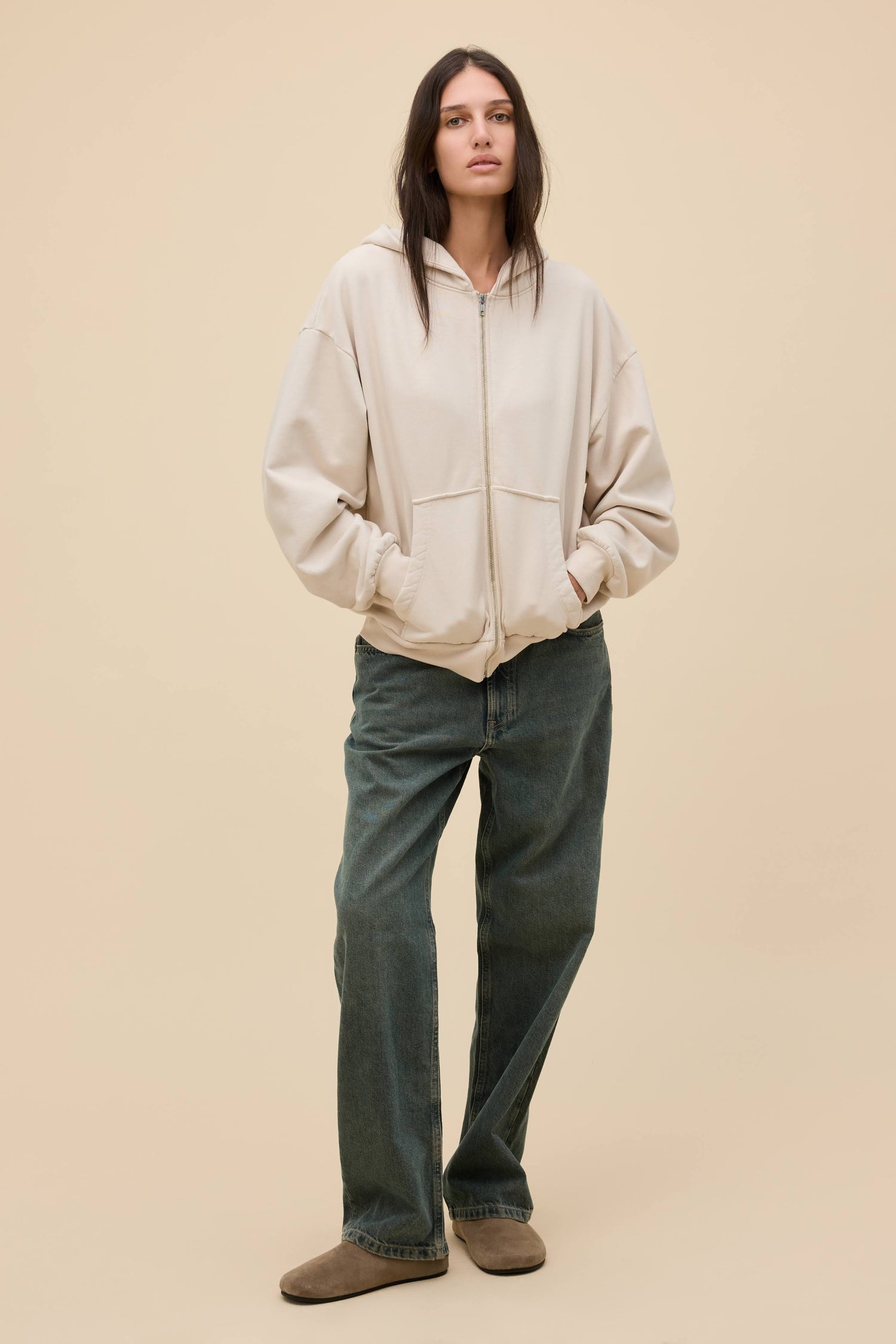 SOLID ZIP-UP OVERSIZED HOODIE, Dirty White / L/XL SOLID ZIP-UP OVERSIZED HOODIE, Dirty White / L/XL