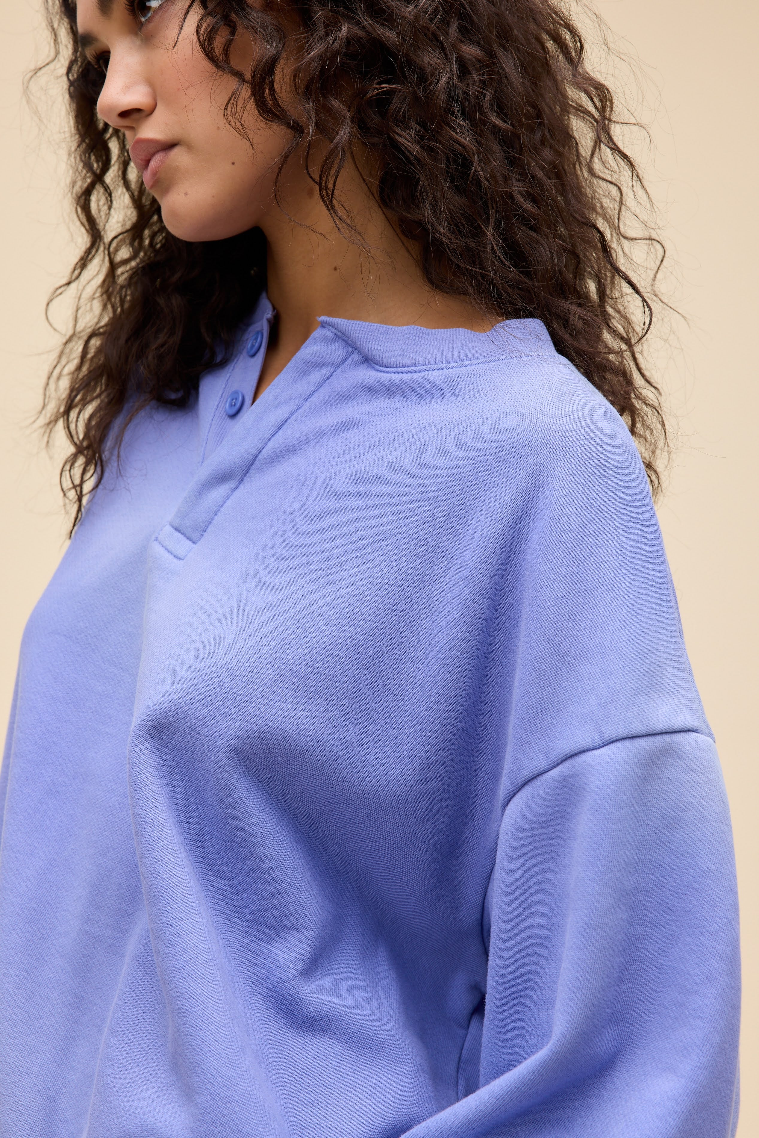 Solid Oversized Henley Sweatshirt in Purple | Fleece Sweatshirt in