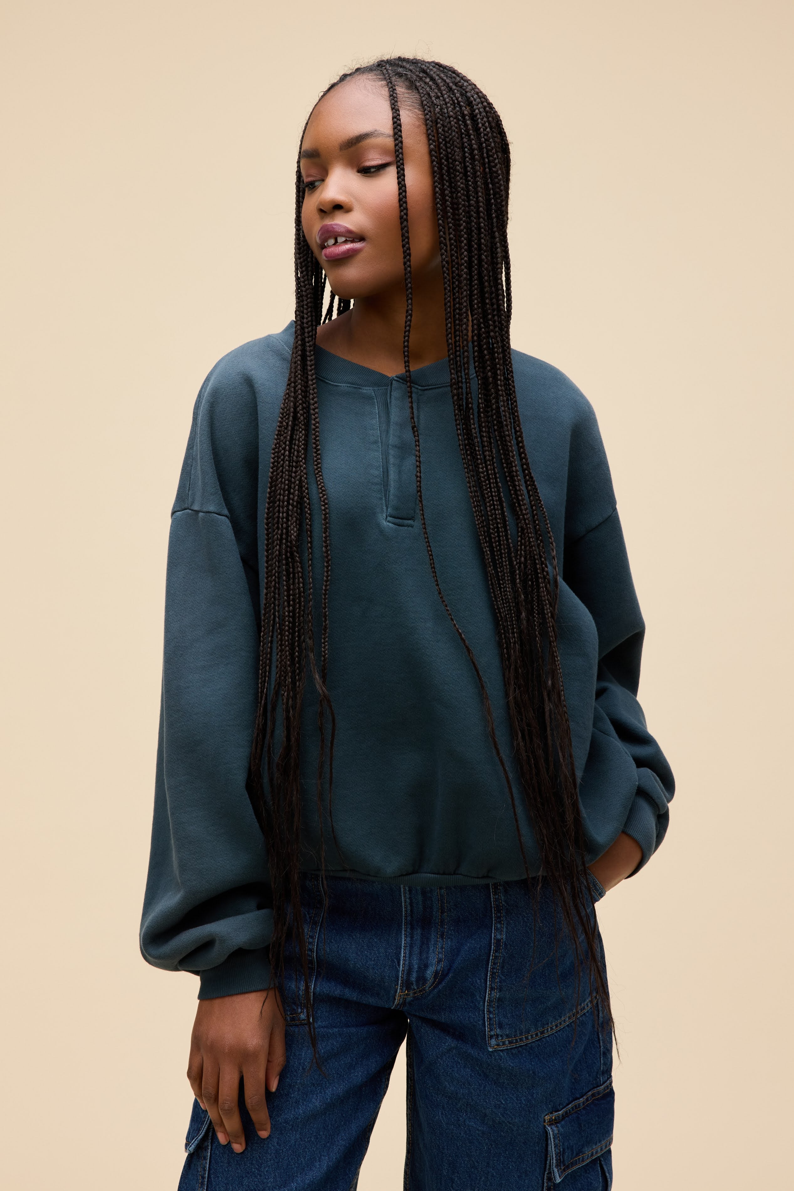 Solid Oversized Henley Sweatshirt in Black | Fleece Long Sleeve in