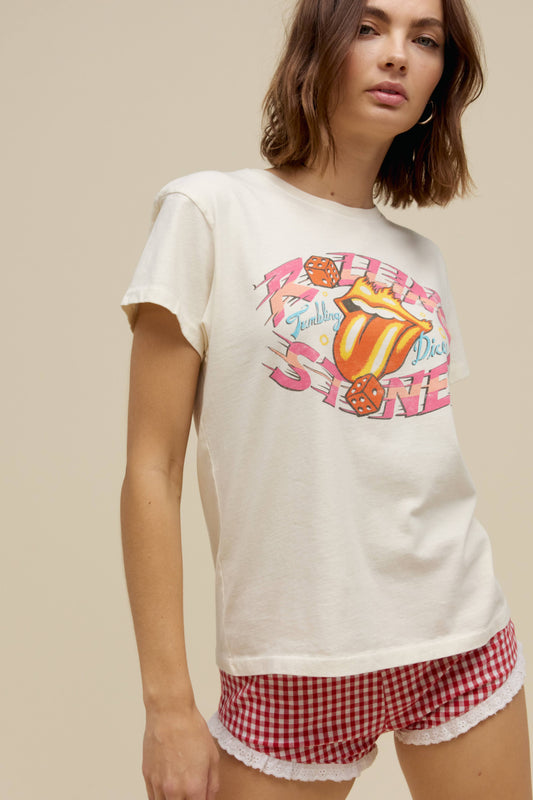 A model featuring a white colored tour tee stamped with Rolling Stones and their iconic logo.
