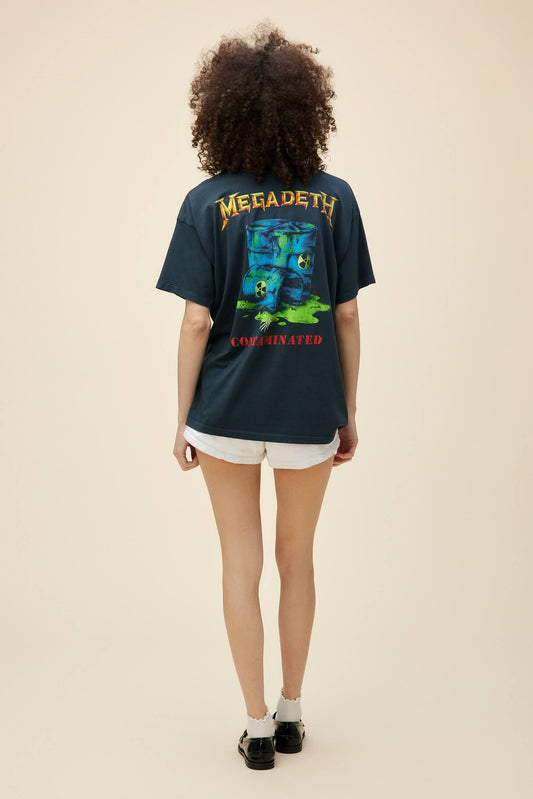 Curly-haired model wears a Megadeth 'Contaminated' graphic tee with front and back artwork.