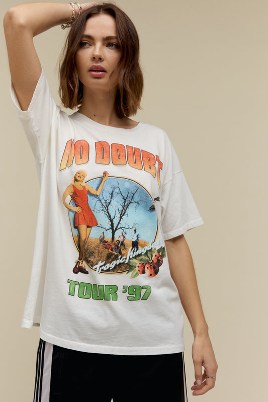 Model wearing a No Doubt Tragic Kingdom Tour '97 graphic tee in vintage white