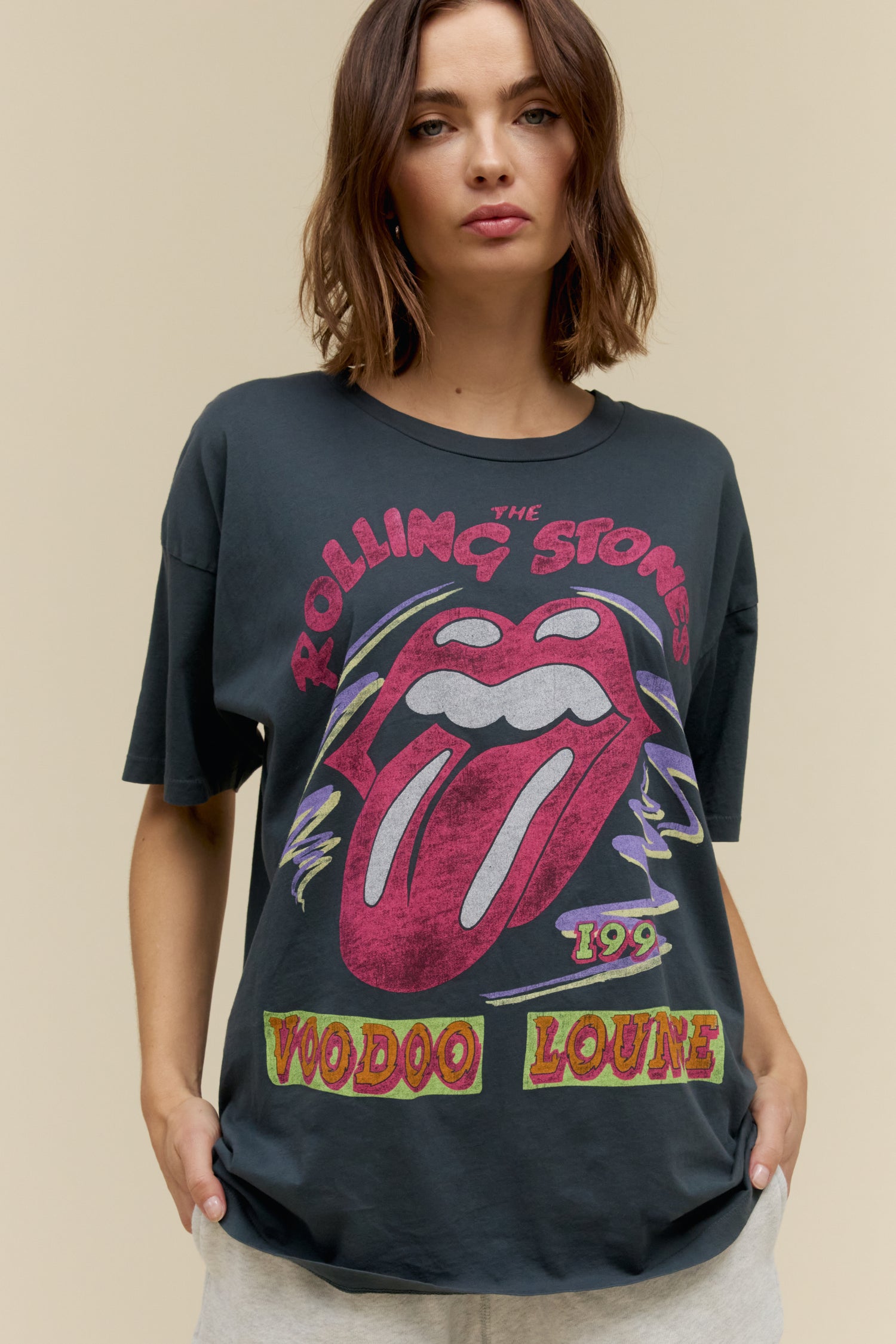 Model wearing a Rolling Stones Voodoo Lounge 1994 graphic tee