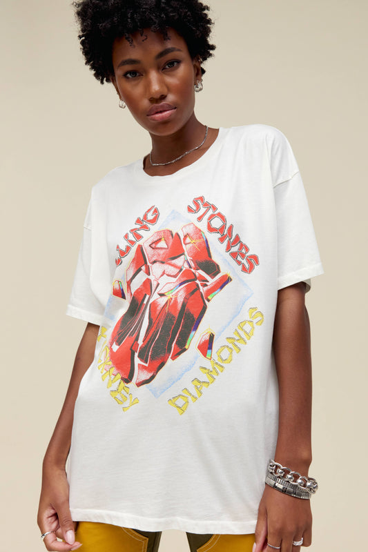 Model wearing a vintage white Rolling Stones graphic tee with 'Hackney Diamonds' inspired artwork