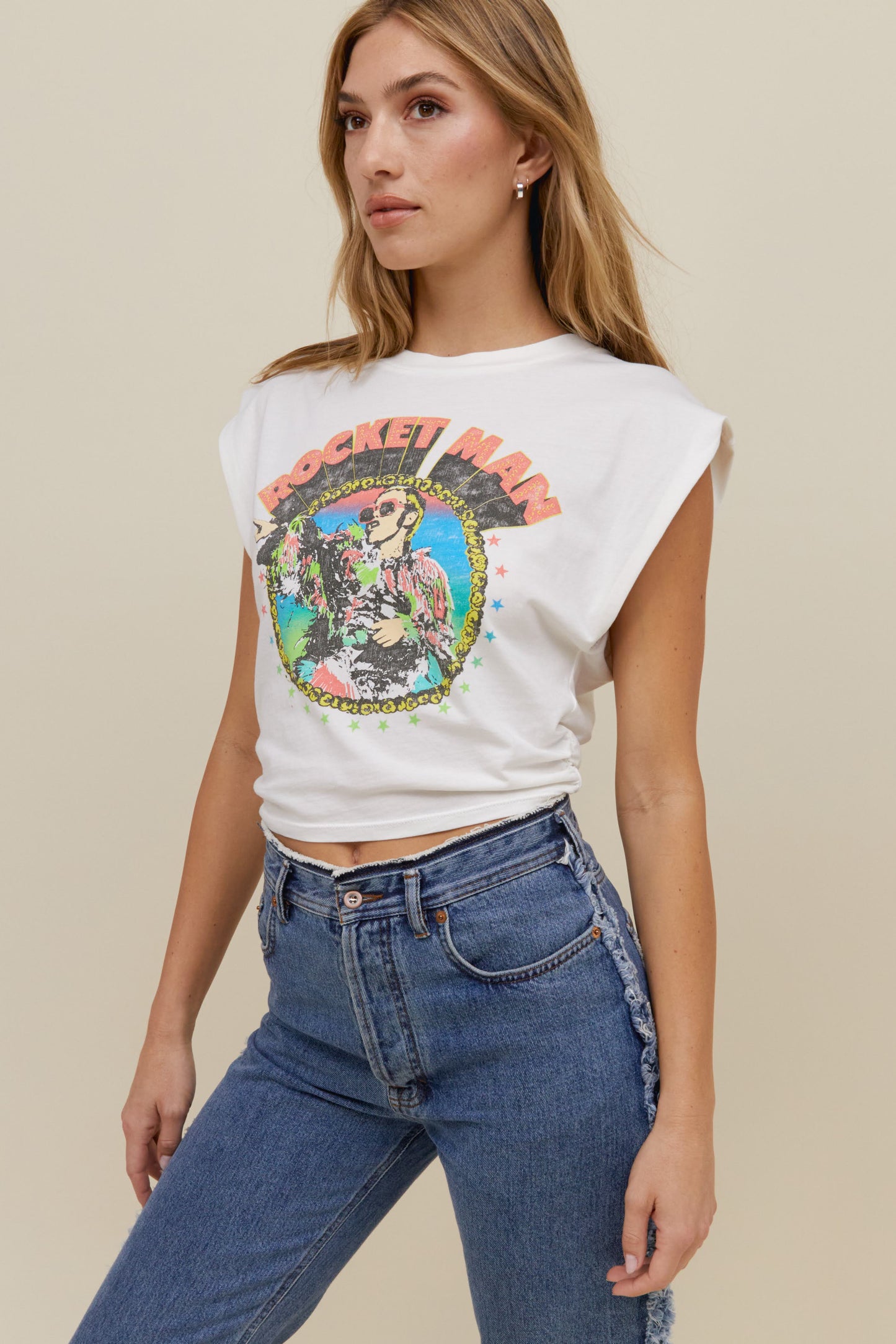 high waisted denim jeans and rocket man tee