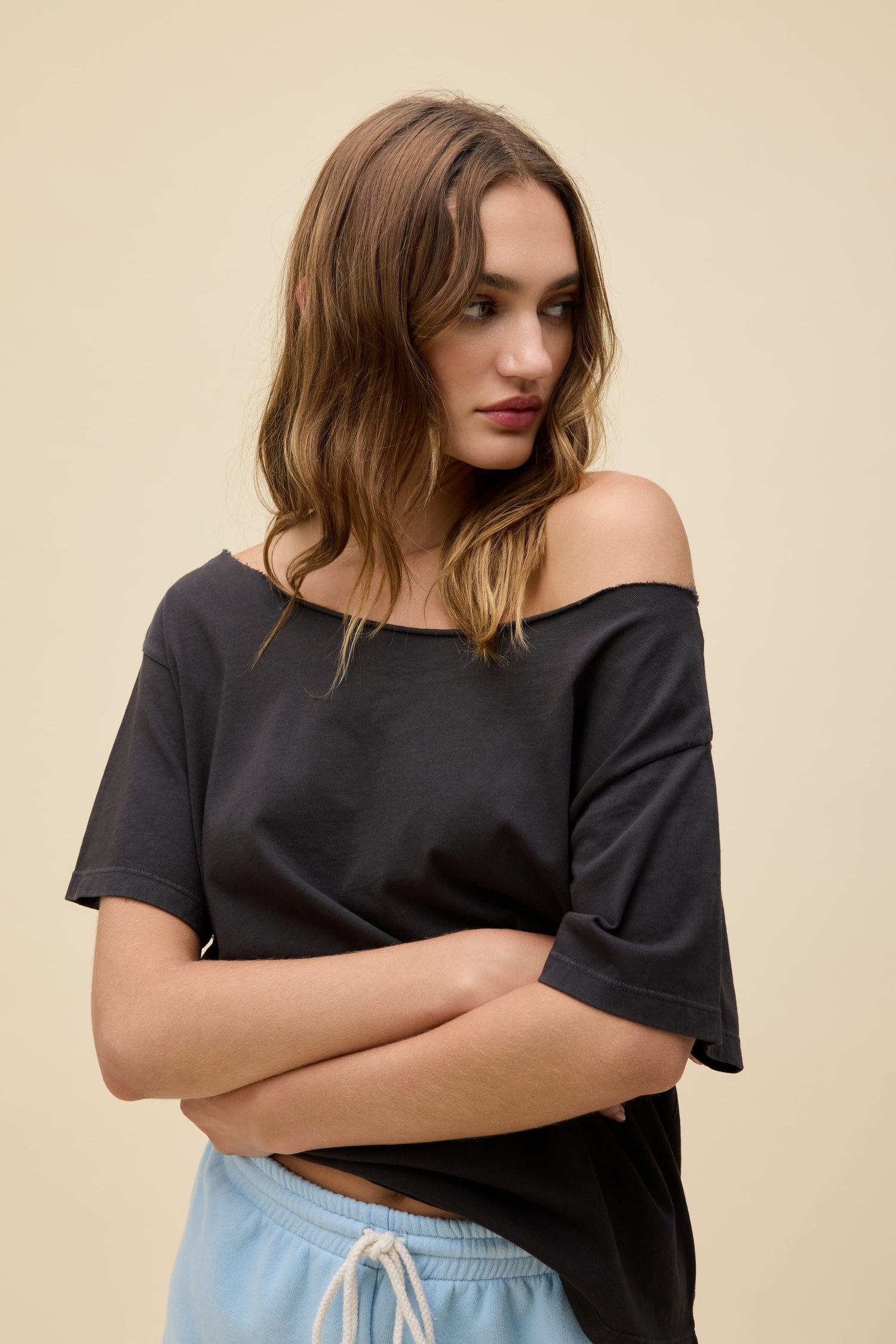 t shirt dress off shoulder CARLA T-Shirt in Organic Cotton - Off-White Bold accessories and layered details Elevated Elegance Graphic Slouchy Off-The-Shoulder T-Shirt Dress