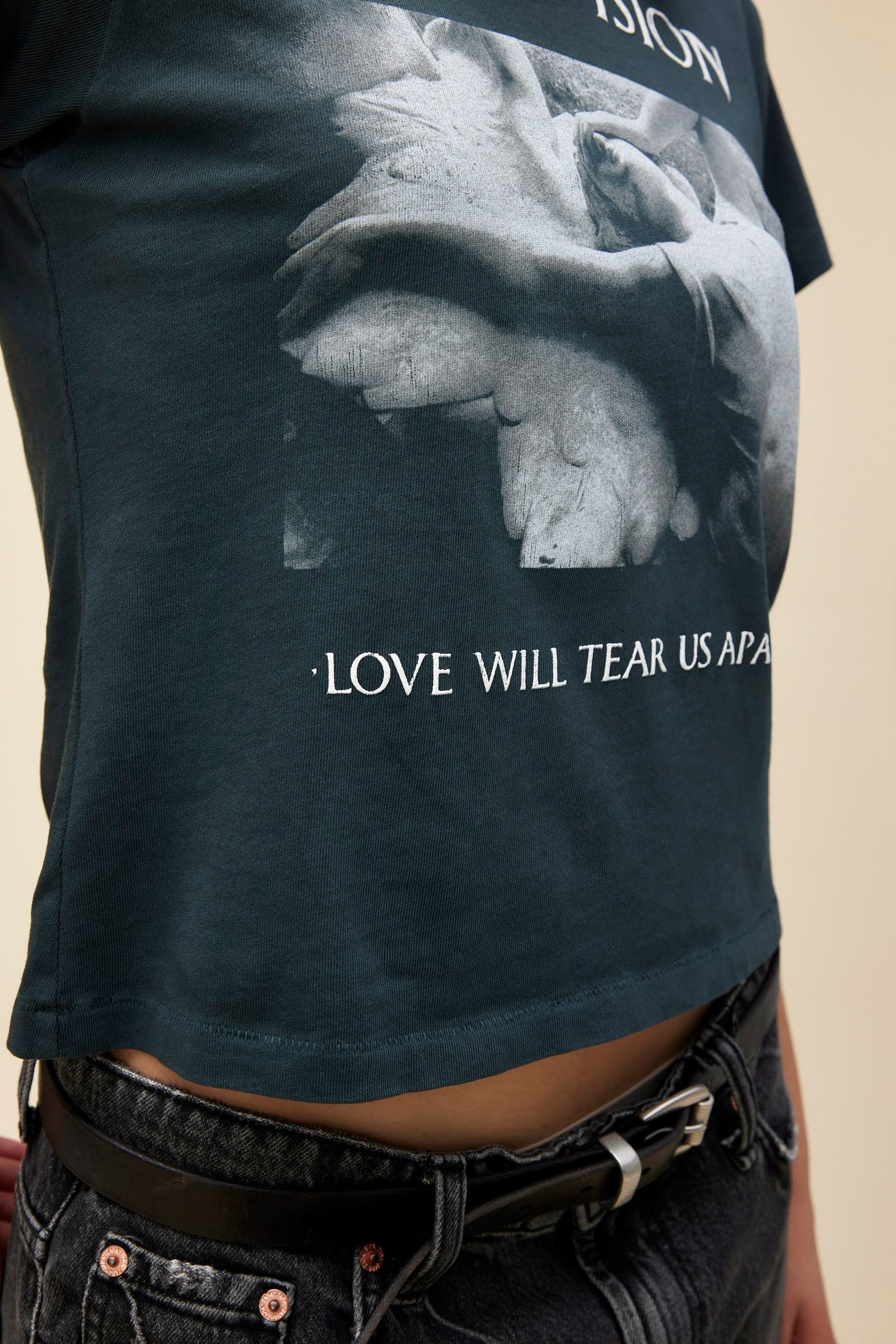 Model wearing a fitted graphic tee with Joy Division 'Love Will Tear Us Apart' artwork and a slightly cropped length.