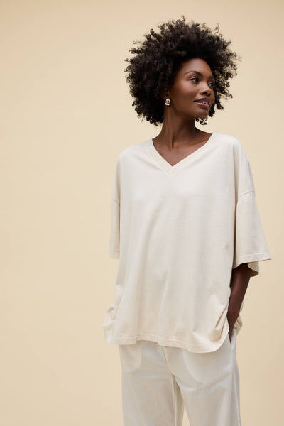 Solid OS V-Neck Tee in White | 100% Cotton T-Shirt in Dirty White