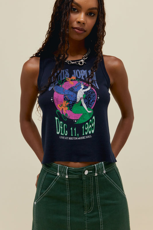 A model featuring a black racer tank stamped with 'Janis Joplin' with graphic design of an angel in the center