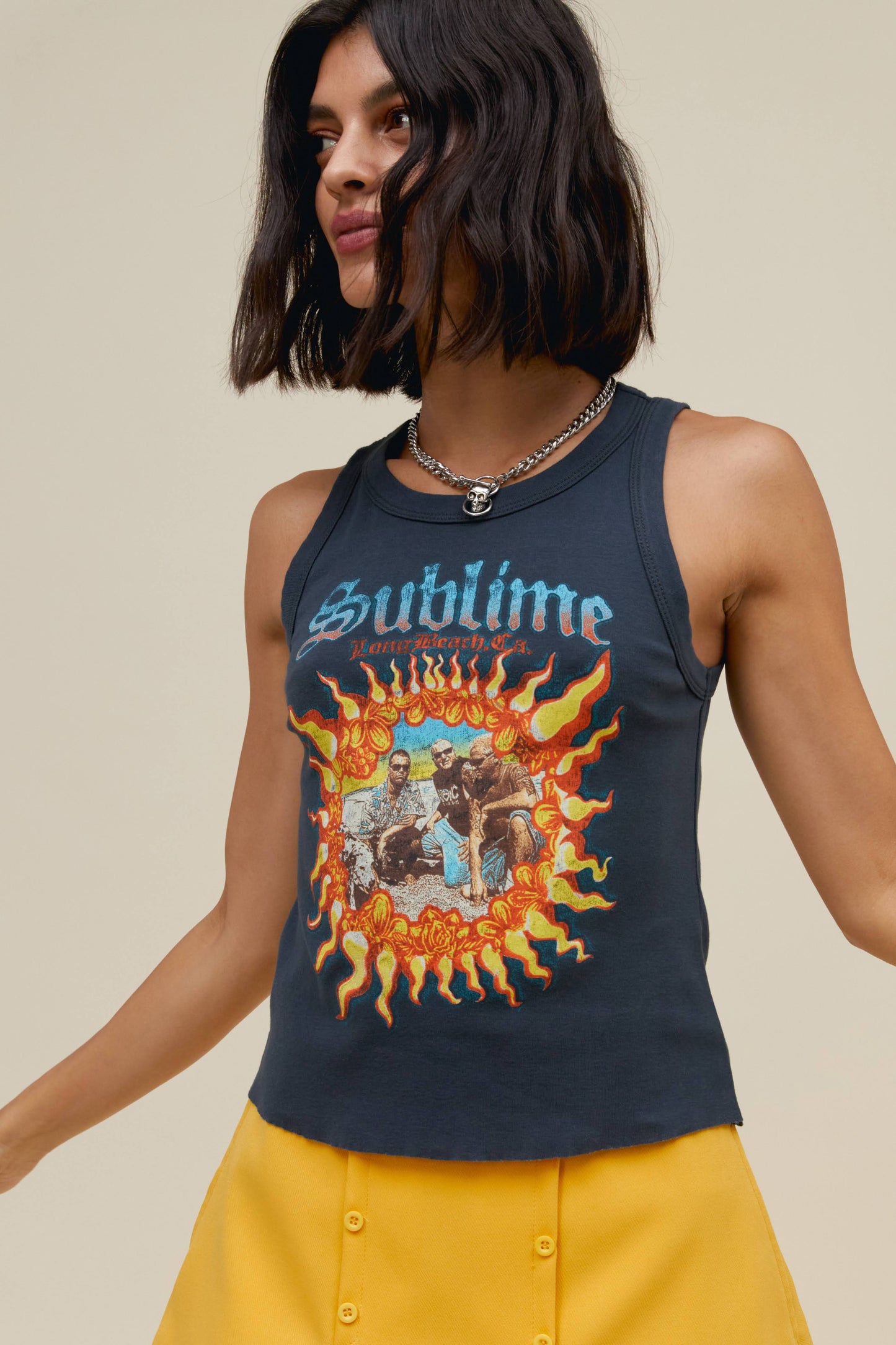 Dark haired model featuring Sublime's logo and hometown top chest.