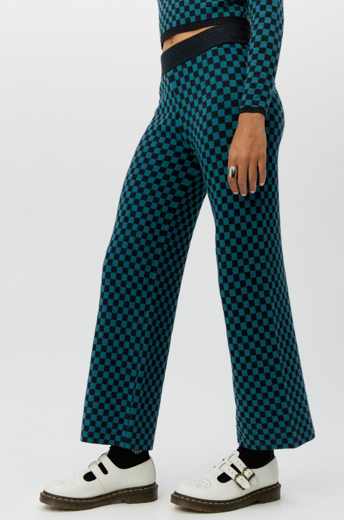 teal checkered pant legs