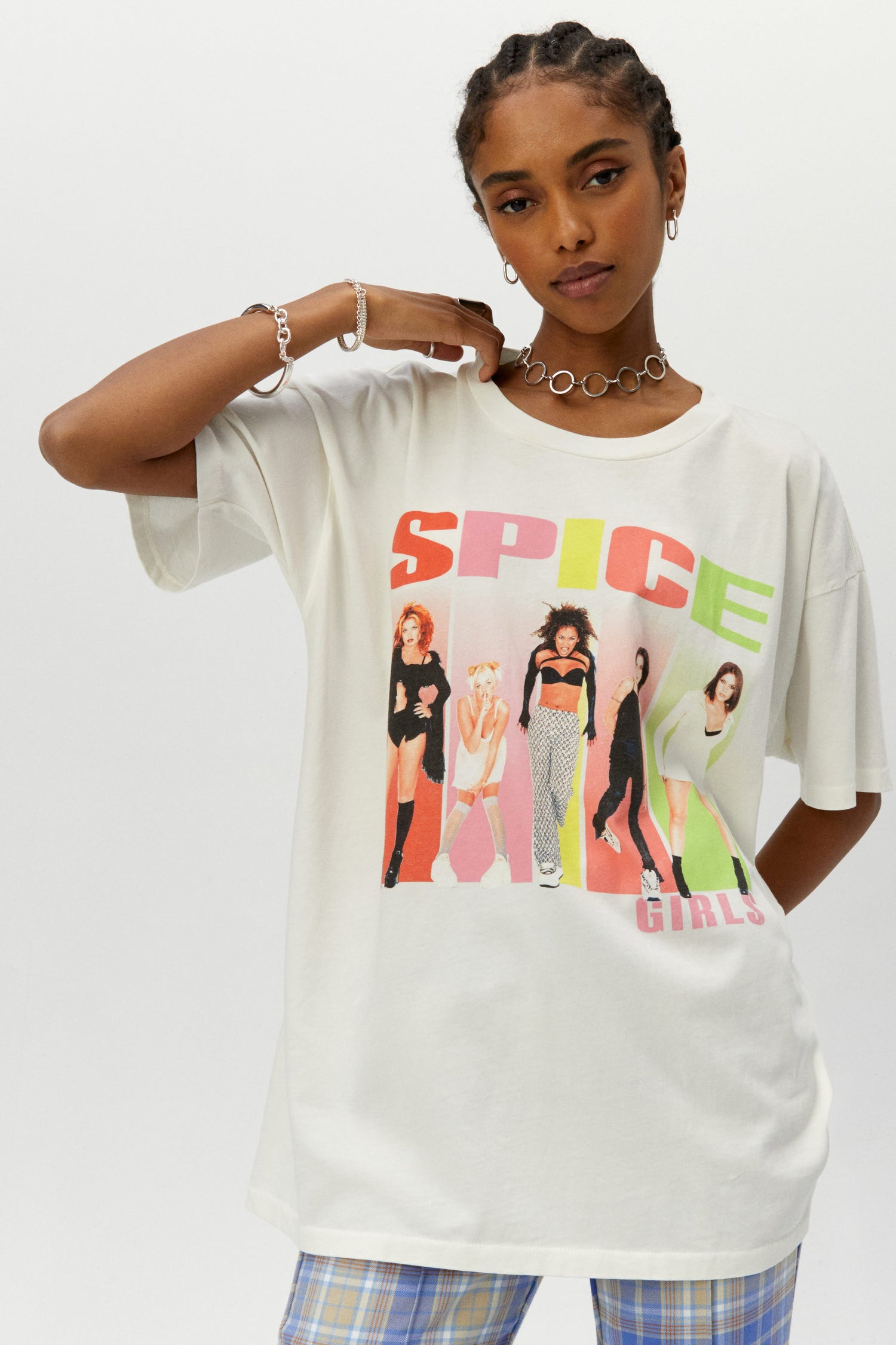 white tee with spice girls portraits